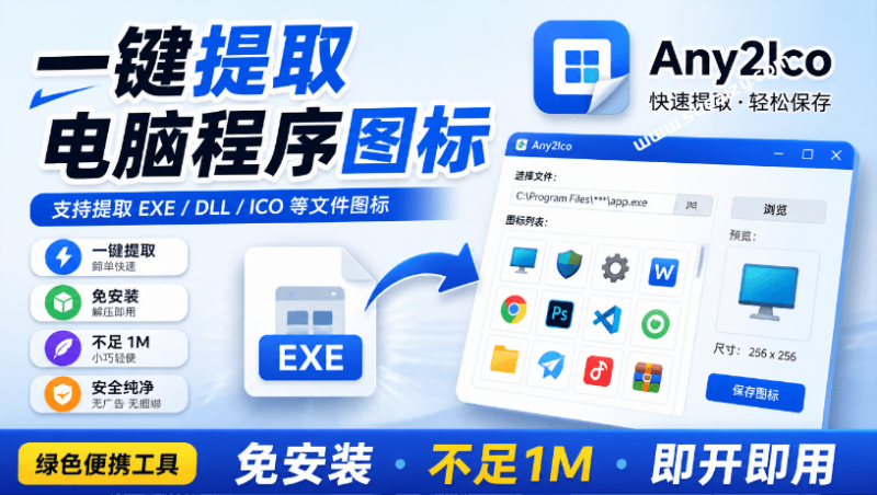 Quick Any2Ico｜Windows宝藏应用！一键提取应用程序图标 + PNG，电脑图标抓取工具 汉化免安装版