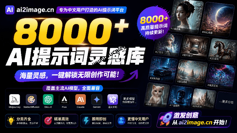 8000+ AI 提示词灵感库，覆盖图像生成和 AI 视频两大方向！专为中文创作者设计，完全免费使用 AI2Image