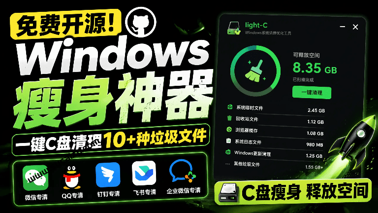 LightC｜免费开源Windows瘦身神器，一键C盘清理10+种垃圾文件，支持微信/QQ/钉钉/飞书/企业微信专清