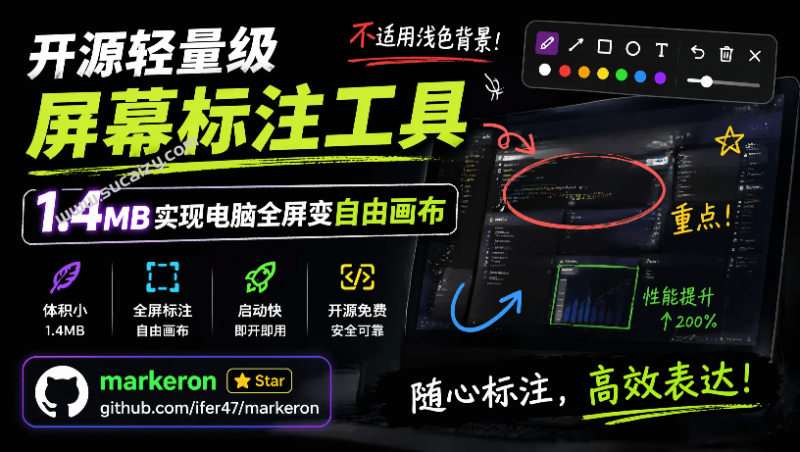 MarkerOn｜开源轻量级屏幕标注工具，1.4MB实现电脑全屏变自由画布！支持8种标注工具和全键盘操控
