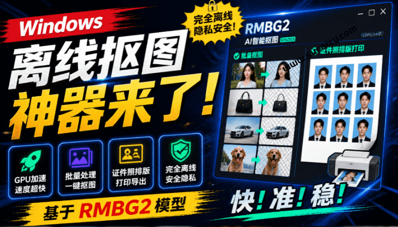 AI抠图｜Windows离线抠图神器来了！支持批量抠图 + 证件照排版打印，基于RMBG2模型，GPU加速 方块