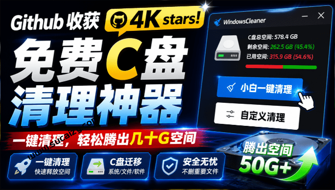 Windows Cleaner｜Github收获 4K stars！免费C盘清理神器，轻松腾出几十G空间，支持C盘迁移